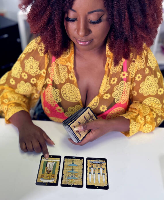 Aqua Star Goddess Psychic Tarot 1 pointing to the cards